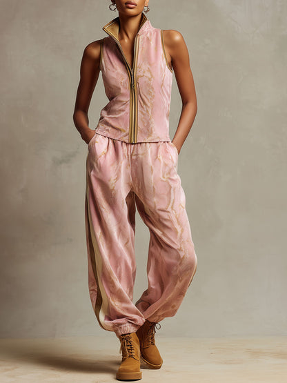 Sporty Retro Snake Print Pink Velvet Vest Jogger Pants Set