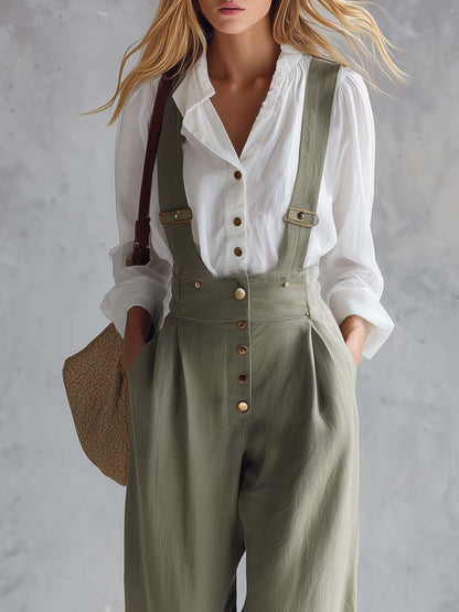 Casual Fashionable Versatile Sage Green Cotton And Linen Wide-leg Pants Overalls