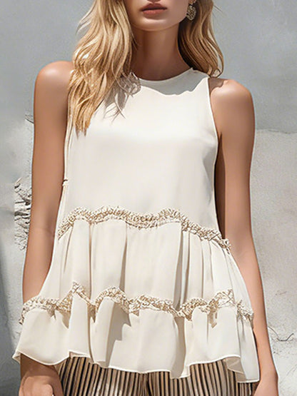 Stylish And Casual Off-white Ruffled Sleeveless Chiffon Blouse And Striped Trousers Set