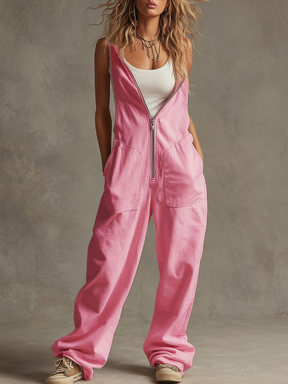 Sporty Retro Pink Cotton Blend Zipper Wide-leg Overalls