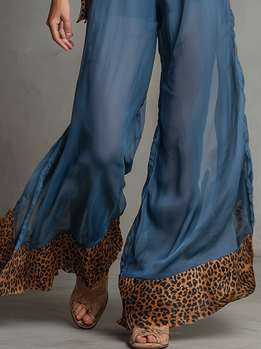 Stylish Leopard Print Trim Blue Chiffon Wide-leg Pants