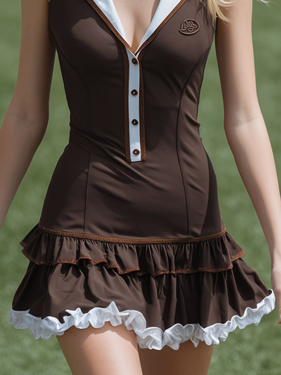 Collared Button-down Color-blocked Ruffle Sleeveless Mini Dress