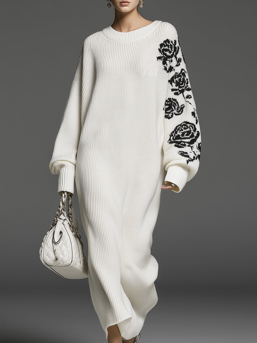 Stylish Loose-fitting Black Rose White Knit Maxi Dress