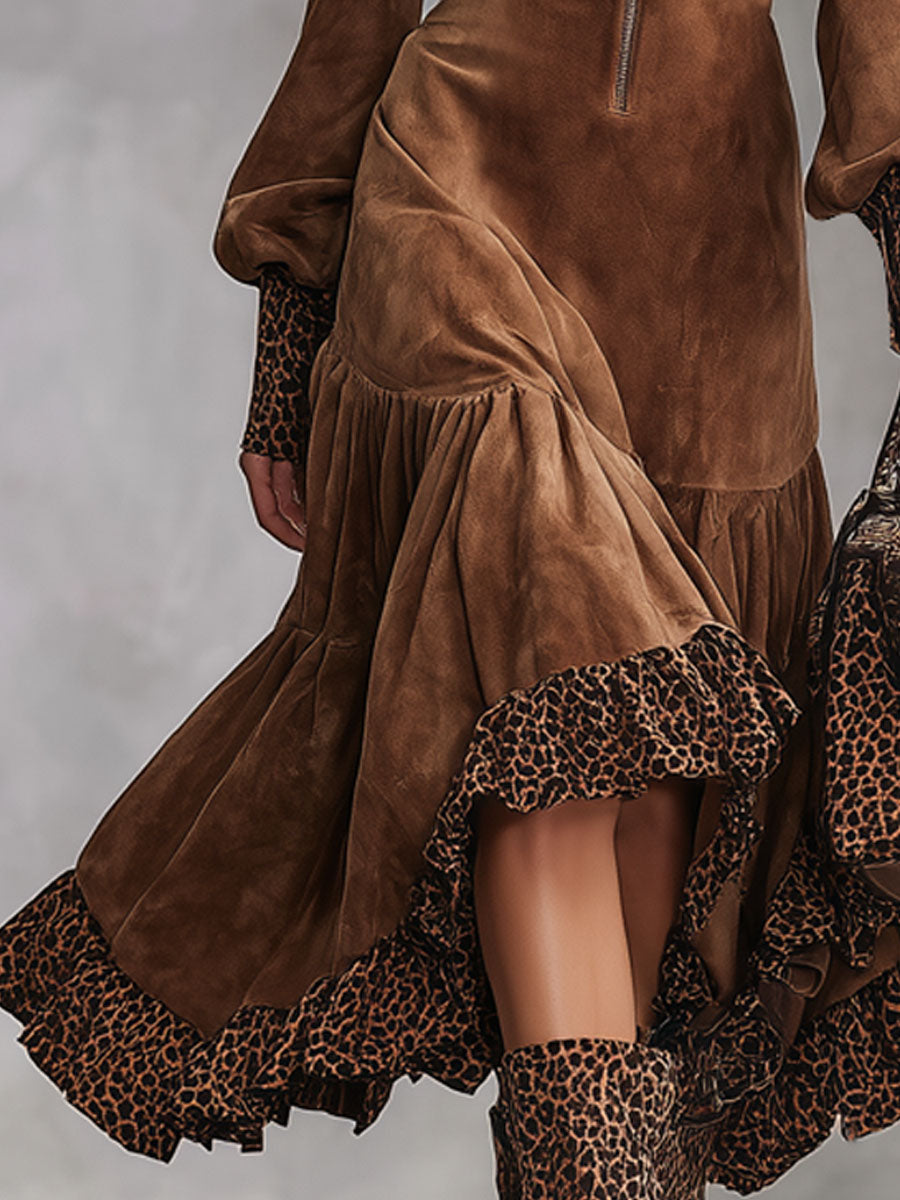 Western-style Stand-up Collar Zip-up Leopard Print Patchwork Faux Suede Midi Dress