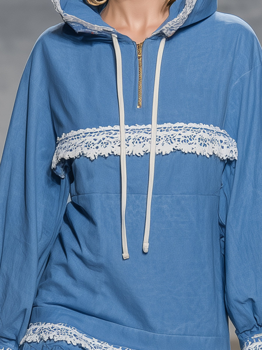 Elegant Blue Linen Zip-up Hooded  With White Lace Detailing Mini Dress