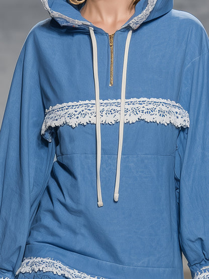 Elegant Blue Linen Zip-up Hooded  With White Lace Detailing Mini Dress