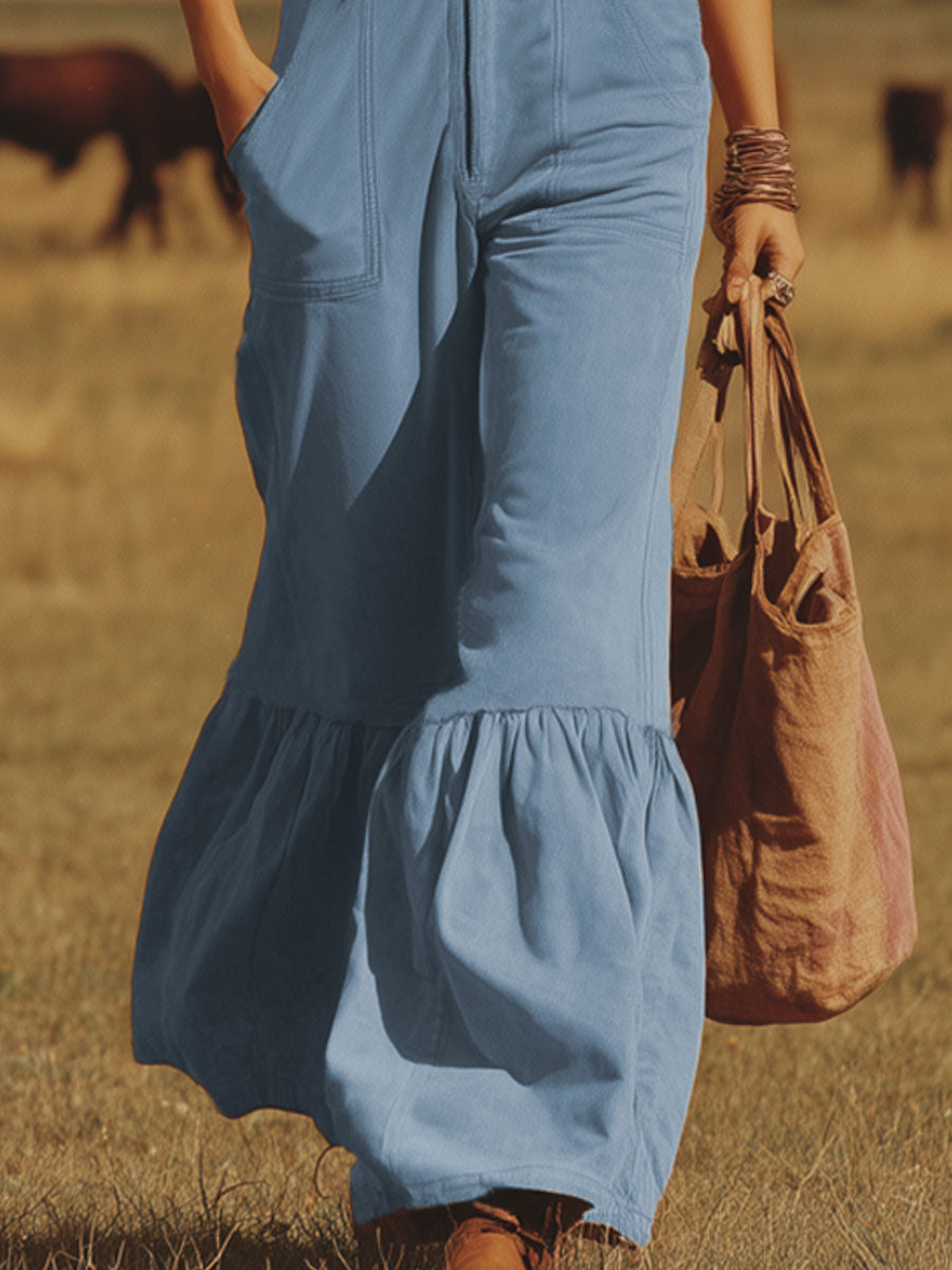 Zipper Closure Multiple Pockets Blue Faux Suede Overalls