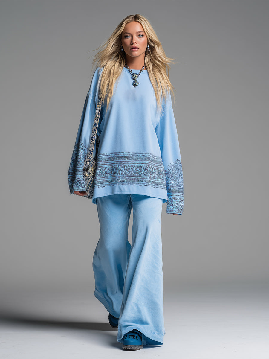 Casual And Lazy Sporty Printed Blue Sweatshirt And Wide-leg Pants Set
