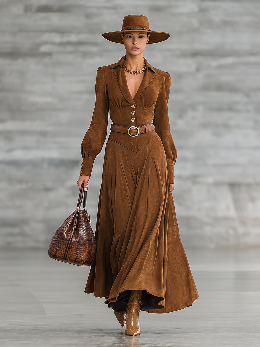Western Brown Faux Suede Collar Button Maxi Dress