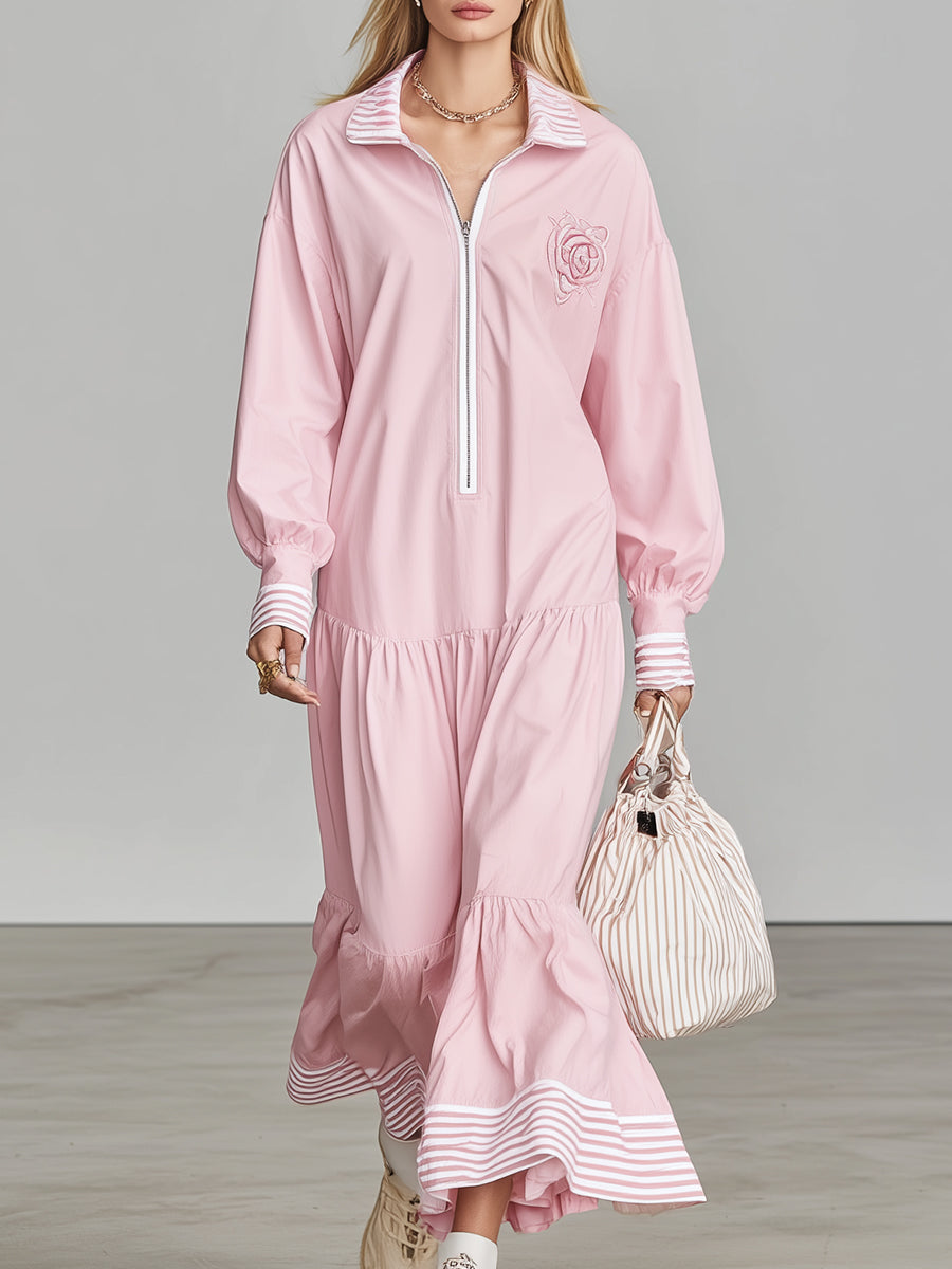 Casual Pink Zip-up Striped Rose Embroidered Maxi Dress