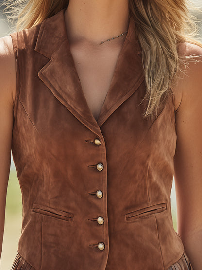 Western-style Brown Faux Suede Vest With Button Details And Fringe