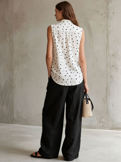 Casual Retro Cotton Linen Polka Dot Sleeveless Shirt And Wide-leg Pants Set