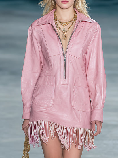 Fashionable Pink Faux Leather Zipper And Tassel Mini Dress