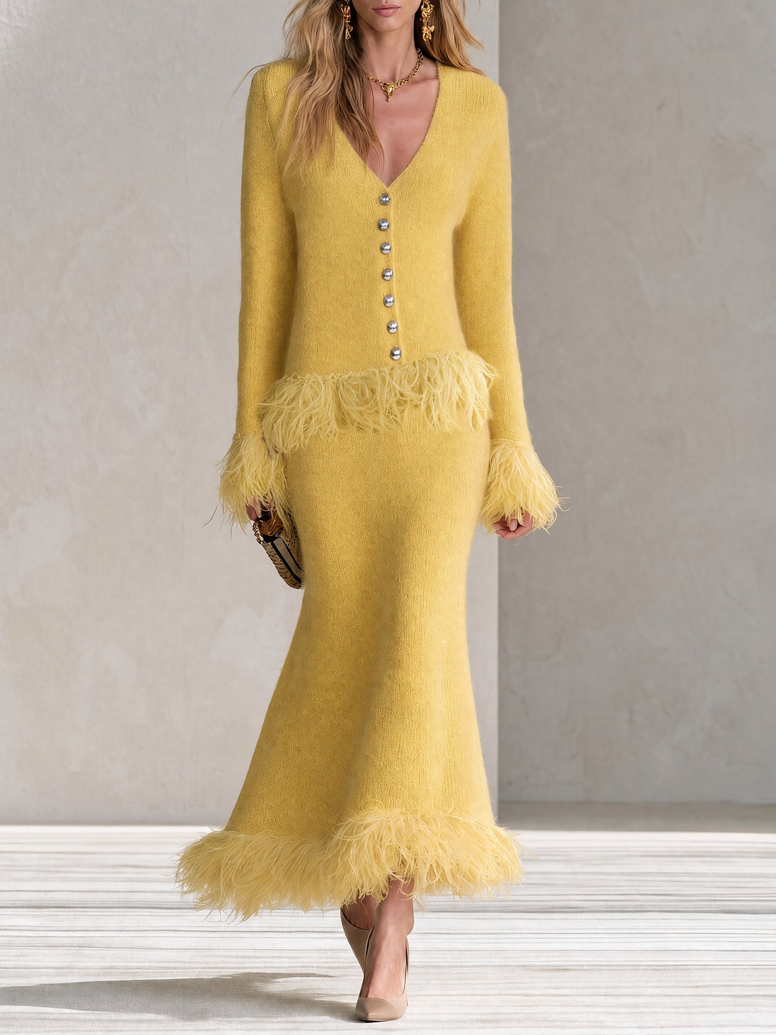 Retro-chic Yellow Knitted Skirt Set With Feather Fringe Details
