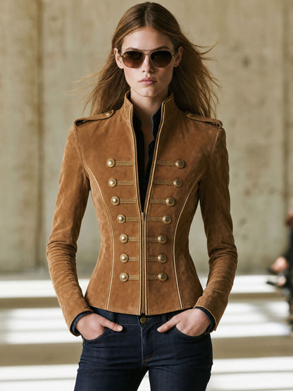 Casual Retro Gold-ribbed Camel-colored Faux Suede Zip-up Jacket
