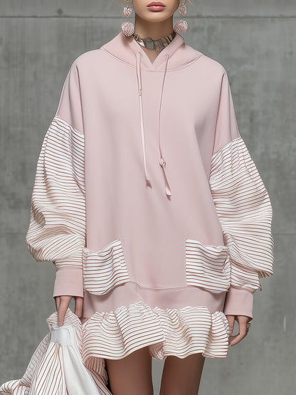 Casual Straight-cut Pink Mini Dress With Striped Paneling.