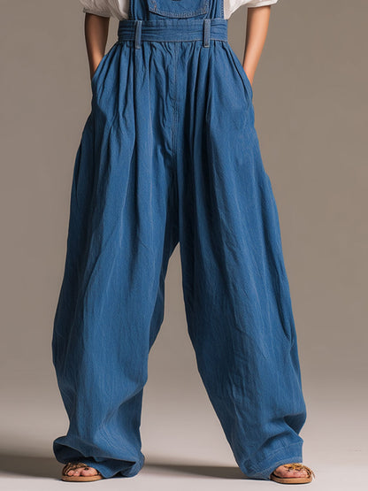 Casual Retro Blue Denim Wide-leg Overalls