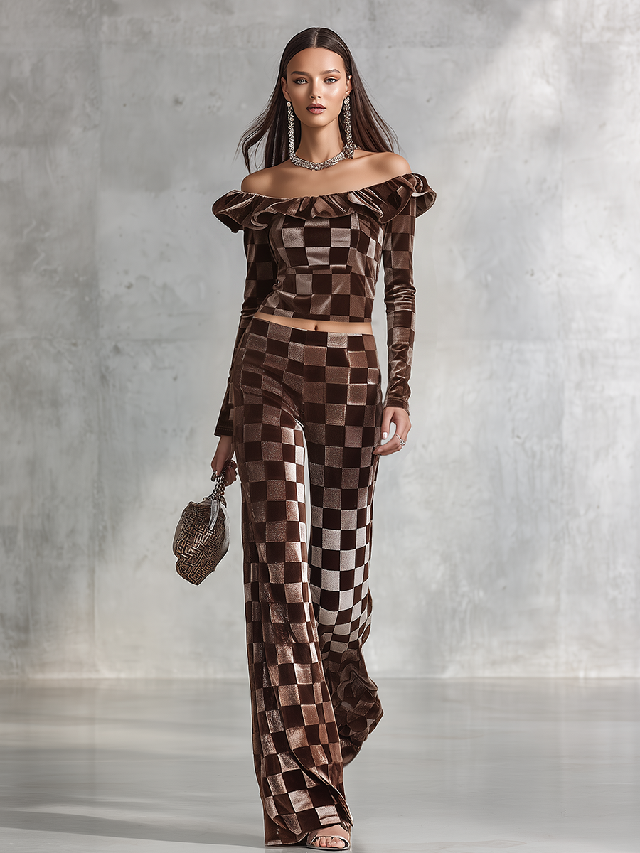 Sporty And Elegant Ruffle Off-the-shoulder Velvet T-shirt And Pants Set