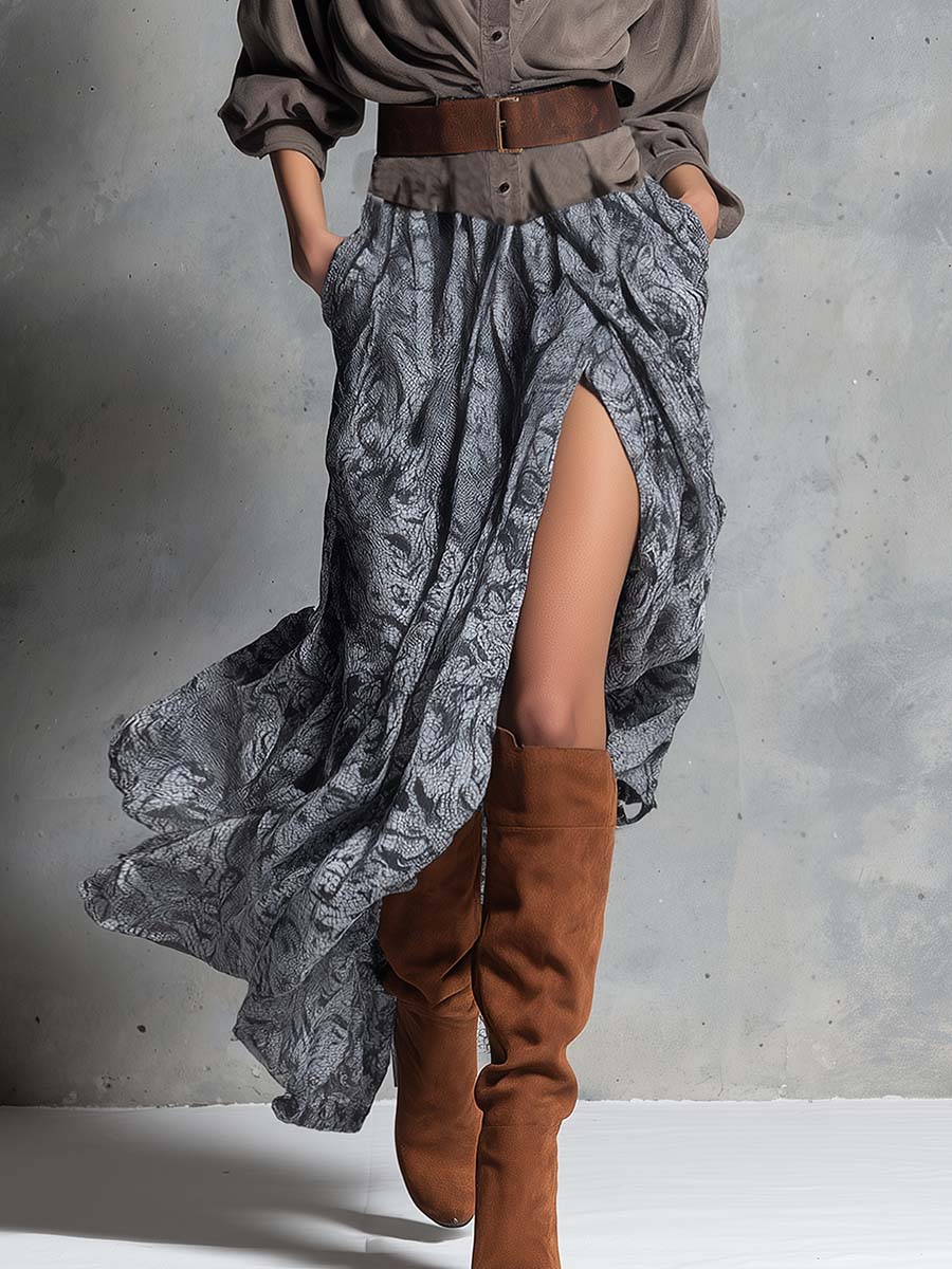 Vintage Western Flowing Front-buttoned Brown Suede And Chiffon Printed Hem Slit Maxi Dress