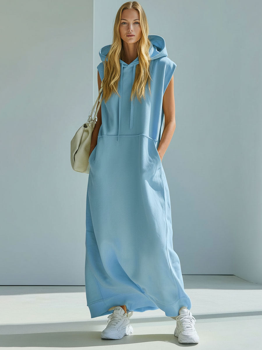 Loose-fitting Blue Hooded Double-pocket Sleeveless Maxi Dress