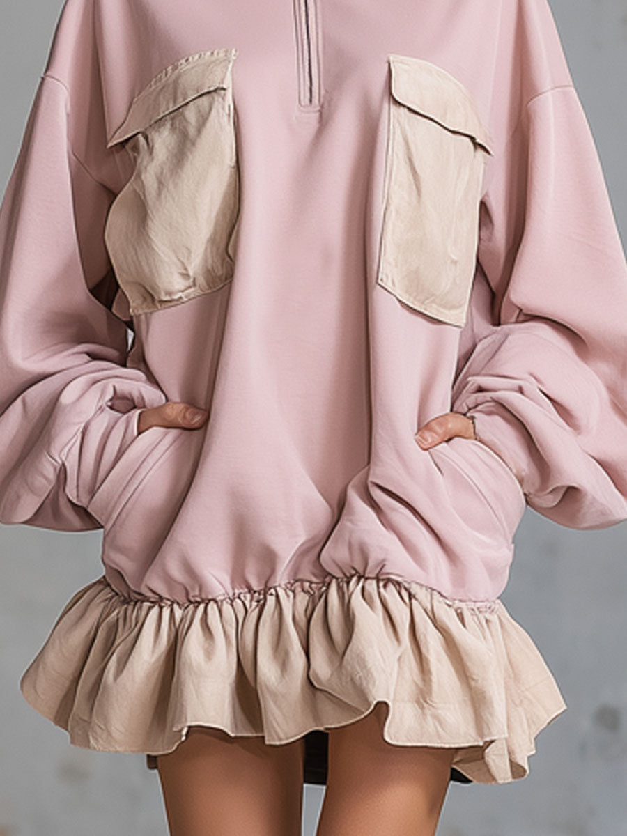 Loose-fitting Stand-collar Zip-up Pocket Long-sleeved Mini Dress