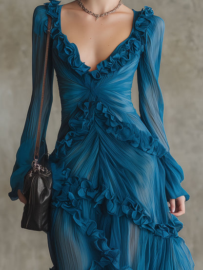 Elegant Vintage Blue Ruffled Chiffon Maxi Dress