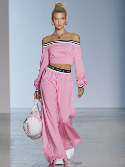 Sporty Style Boat Neck Long-sleeved Top And Wide-leg Pants Set