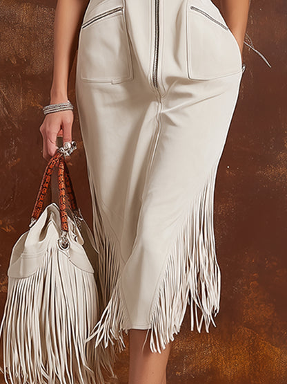 Elegant Retro-style Off-white Faux Suede Short-sleeved Midi Dress