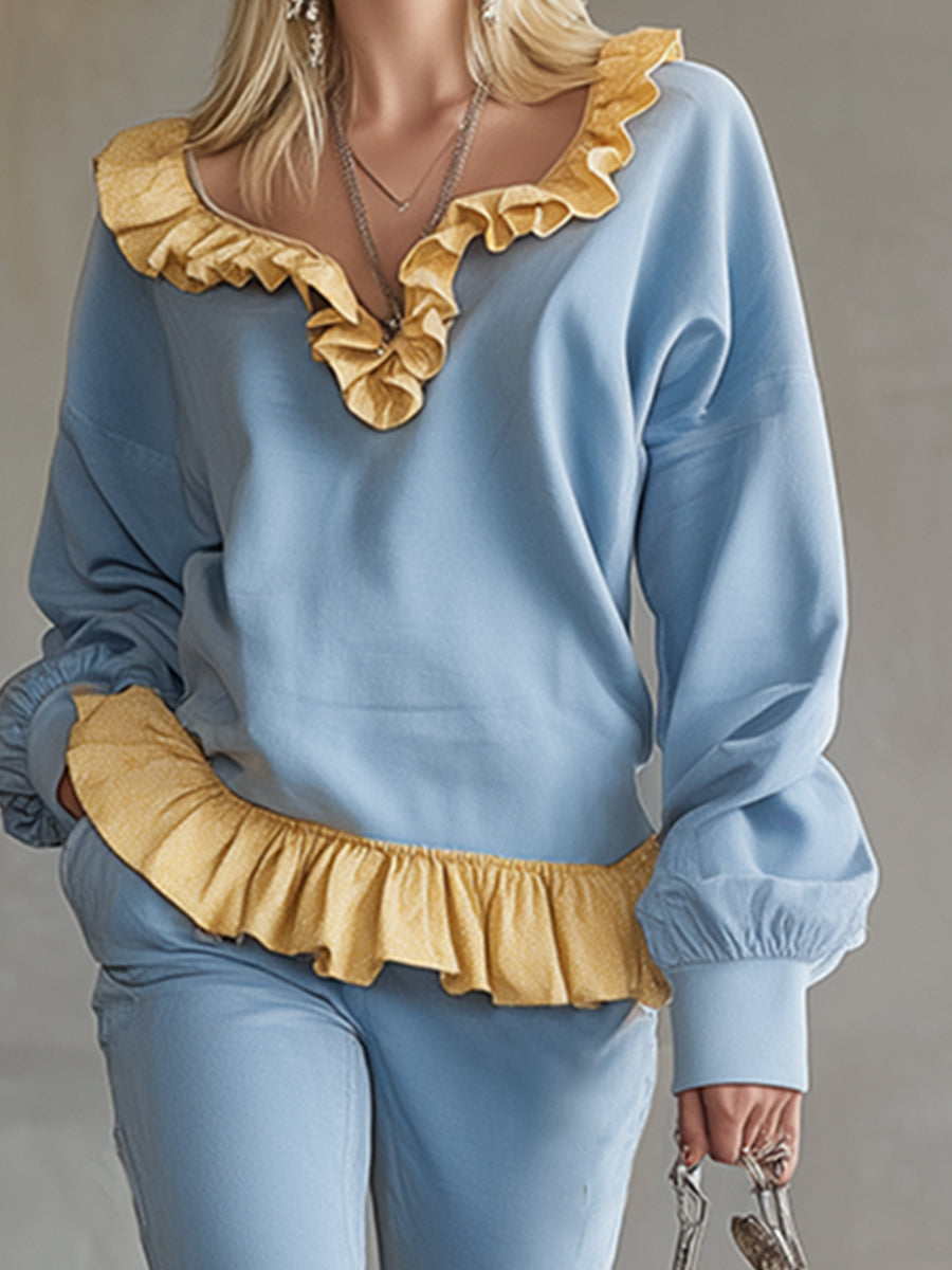 Stylish And Refreshing Blue Sweatshirt And Flared Pants Tracksuit