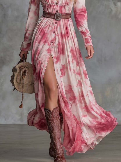 Vintage Western Lapel Front Button Pink Tie-dye Pattern Cotton Slits.Dress