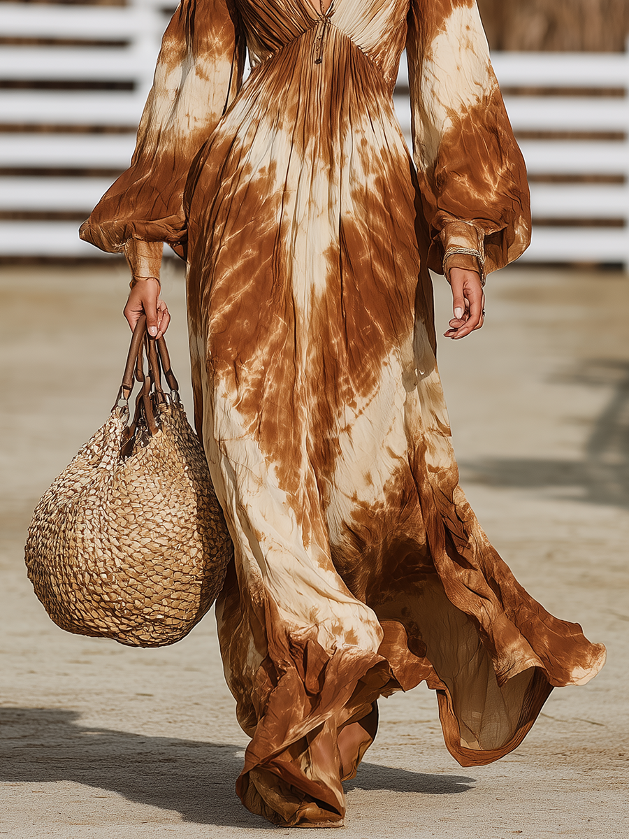 Retro Bohemian Tie-Dye Print V-Neck Elastic Gathered Maxi Dress