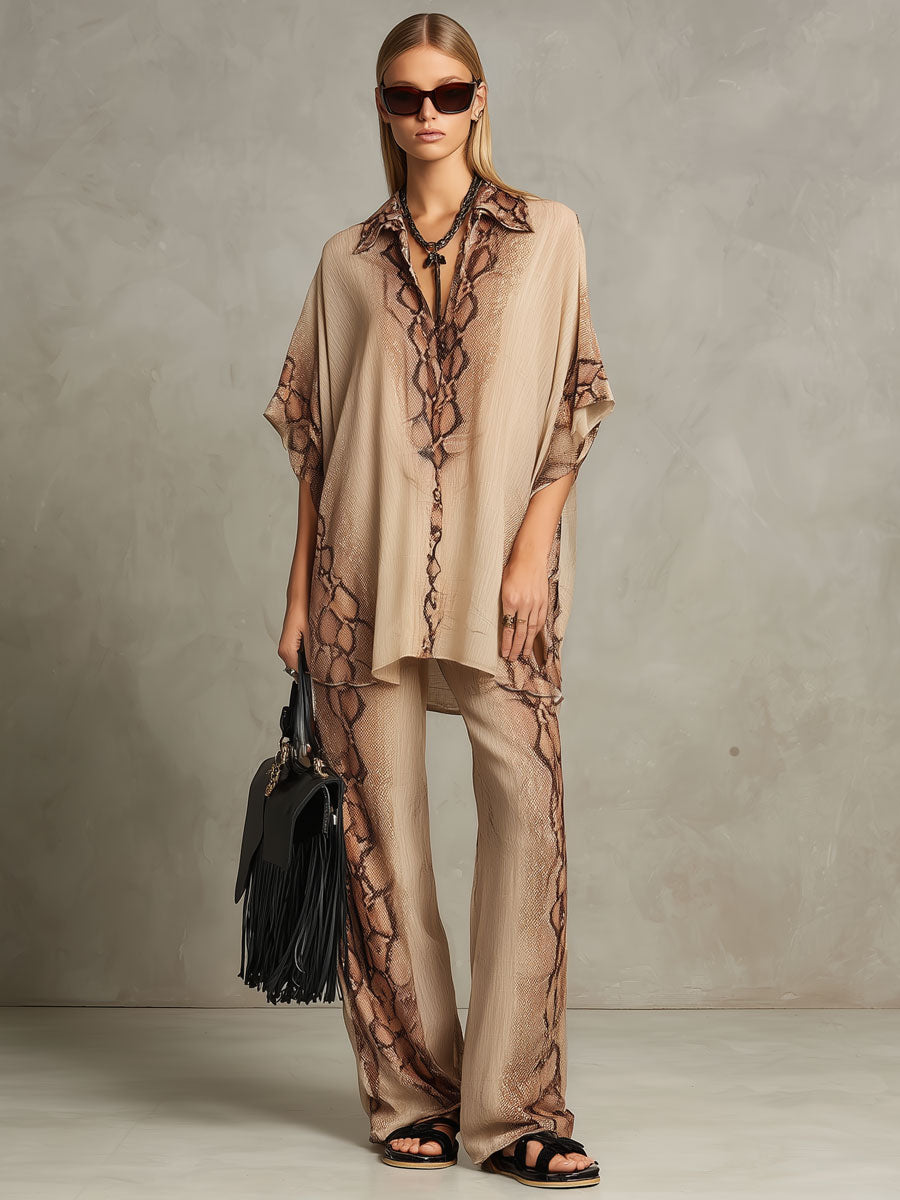 Vacation Retro Snake Print Champagne Chiffon Short-Sleeve Shirt And Pants Set