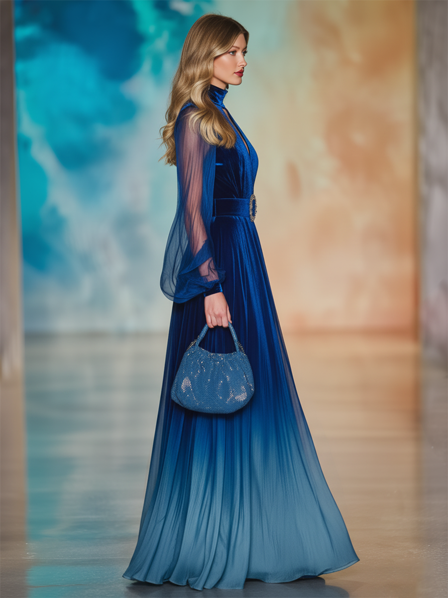 Elegant And Romantic Openwork Collar Sheer Sleeves Gradient Chiffon Maxi Dress