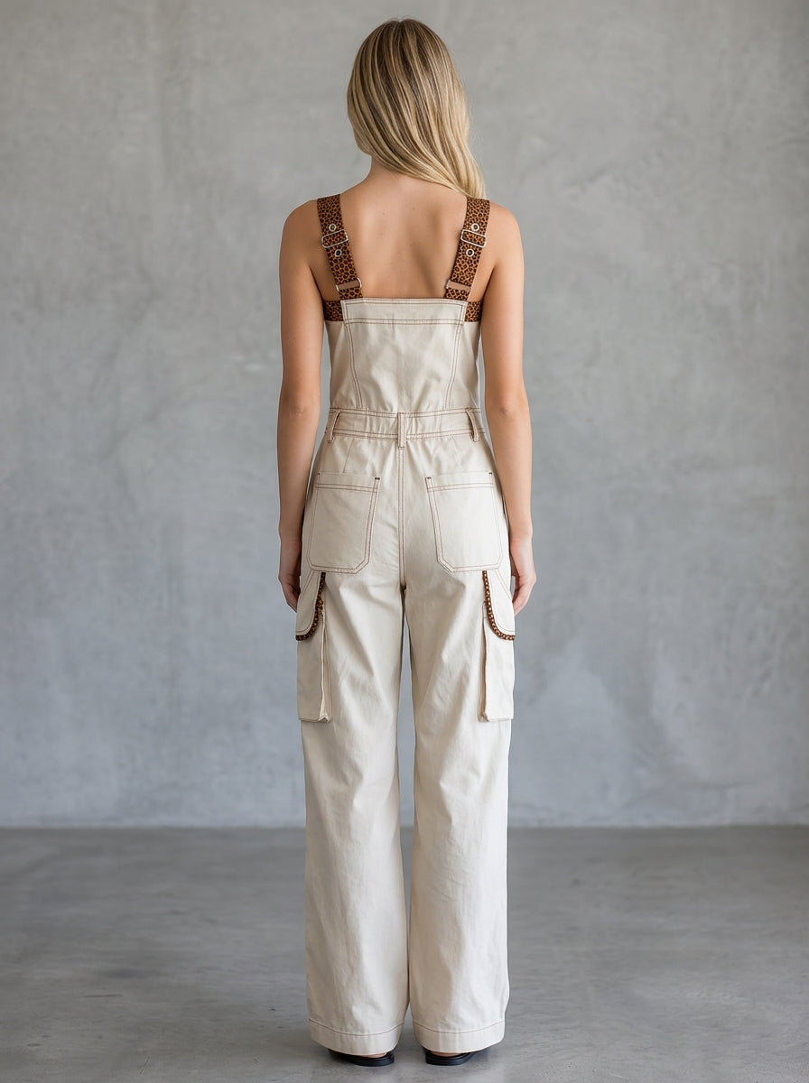 retro workwear leopard-print piped zip denim overalls