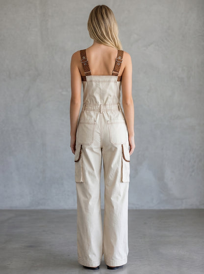 retro workwear leopard-print piped zip denim overalls