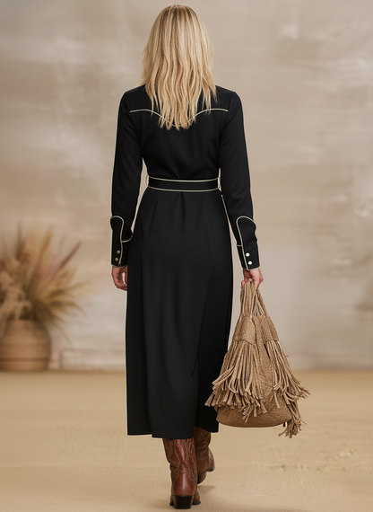 Chic Western Embroidered White Striped Black Matte Satin Maxi Dress