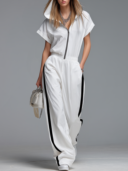 Casual And Comfortable Hooded Zip-up Short-sleeved Jumpsuit