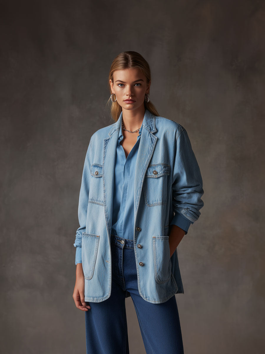 Casual Retro Multi-pocket Light Blue Denim Blazer