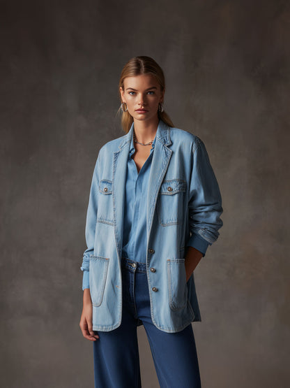 Casual Retro Multi-pocket Light Blue Denim Blazer