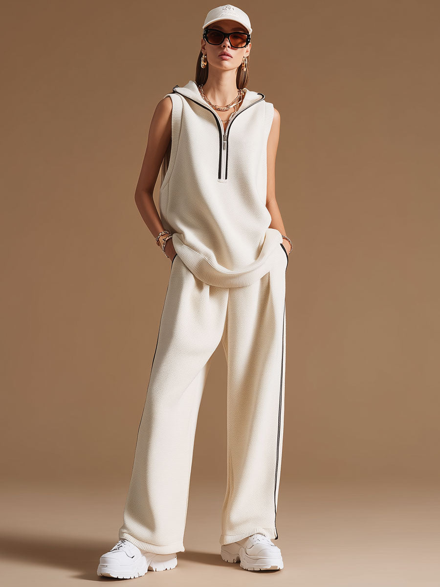 Casual Retro Black-trimmed White Knit Sleeveless Hooded Wide-leg Pants Set