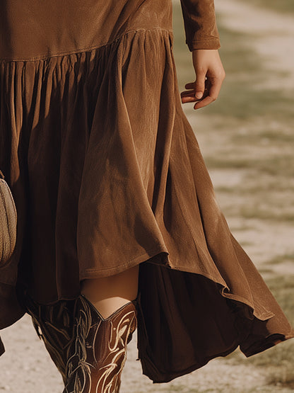 Western-style Brown Faux Suede Hooded V-neck Ruffled Midi Dress