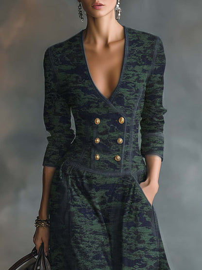 Vintage Elegant Exquisite V-neck Front Button Blue And Green Camouflage Denim Maxi Dress
