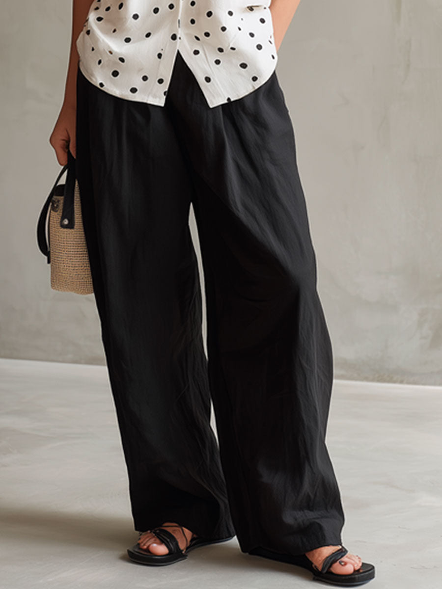Casual Retro Cotton Linen Polka Dot Sleeveless Shirt And Wide-leg Pants Set