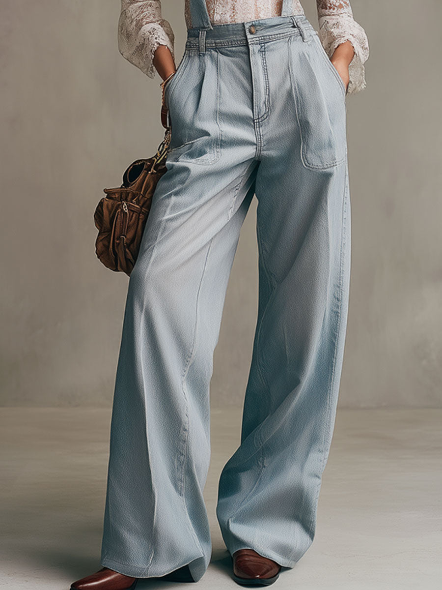 Casual Retro Light Blue Denim Wide-leg Overalls