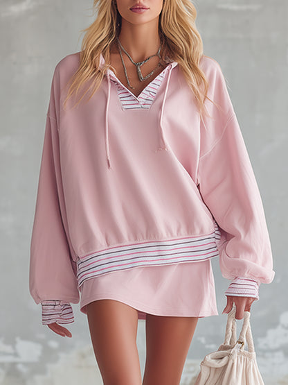 Stylish And Sporty Pink Striped Hooded Sweatshirt And Skort Set