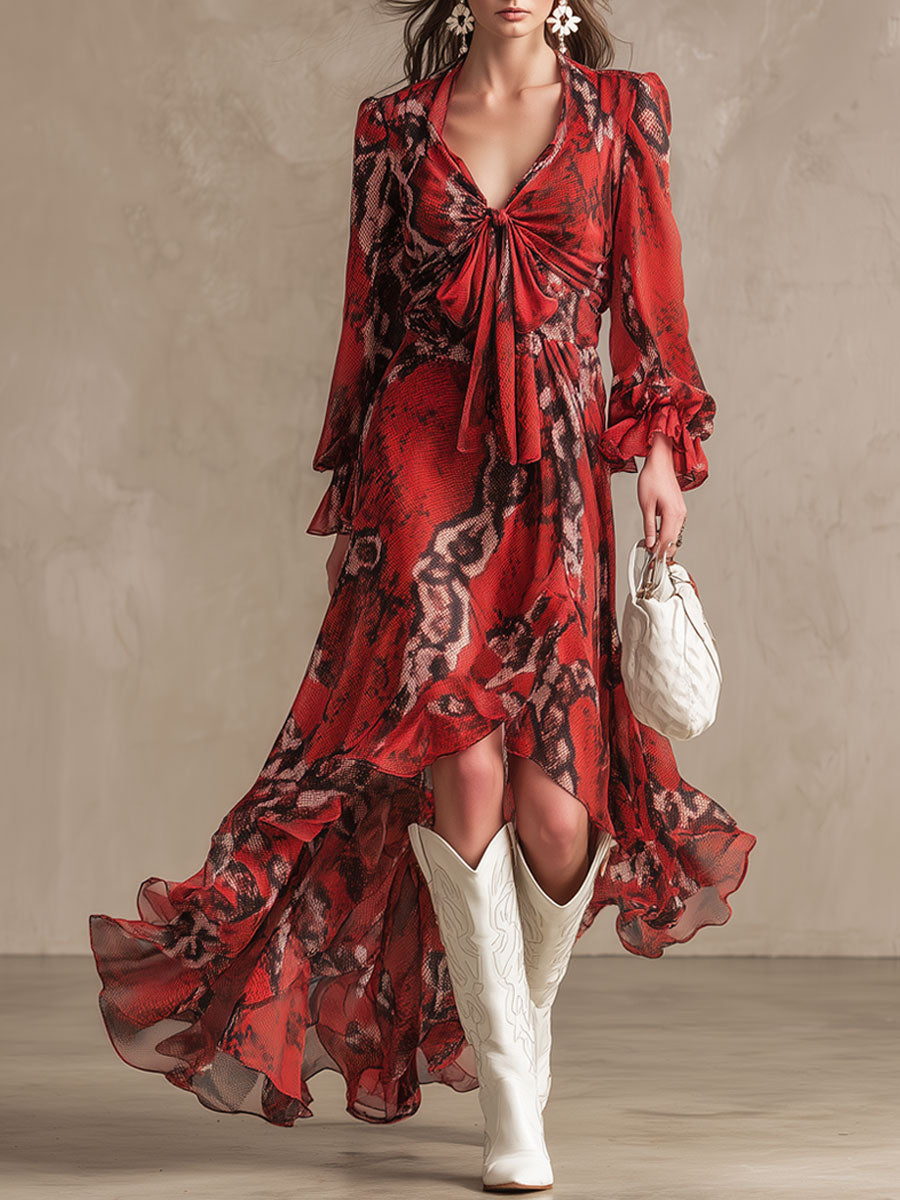 Fashionable Retro Resort Snakeskin Red Chiffon Long-sleeved Maxi Dress