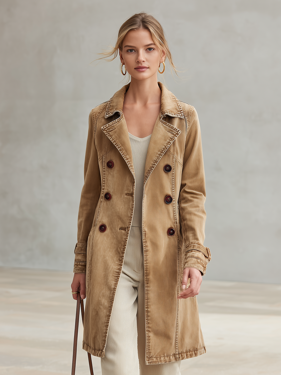 Khaki Washed Denim Trench Coat Women Double-Breasted Belted Long Overcoat