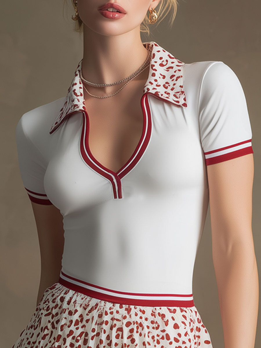 Sporty Retro White Lycra Pleated Leopard Print Chiffon Skirt Set