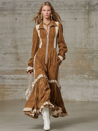 Western-style Lapel Zipper Color-blocked Faux Suede Maxi Dress