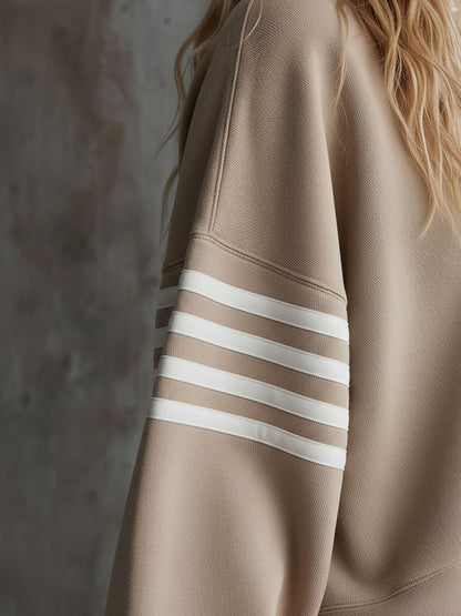 Sporty Retro Striped Light Khaki Long-Sleeve Polo Sweatshirt And Skirt Set